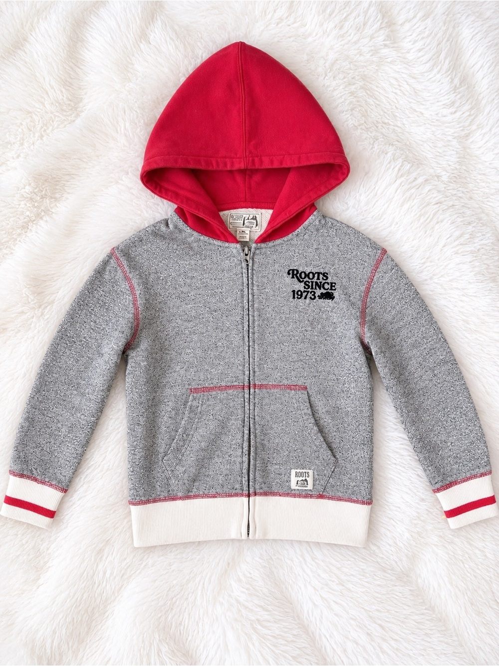 Roots Cabin Zip Hoodie Grey Red Youth M 7-8